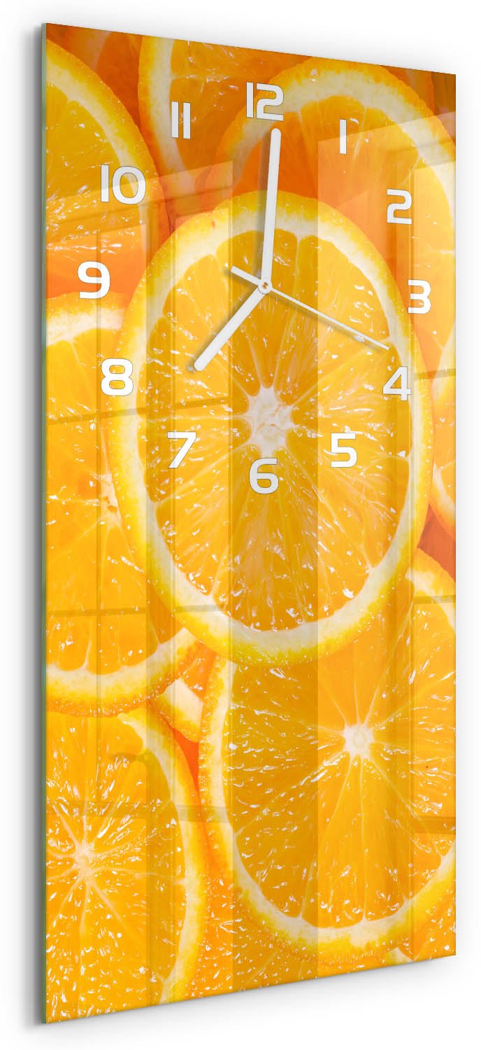 Tulup Wandklok - Sinaasappelschijfjes Wandklok Glas Decoratie - 30x60 cm - Oranje Gekleurde Glazen Klok - Witte handen - Rechthoekige Klok - Klok Glas Met Opdruk - Moderne Wandklok Glas