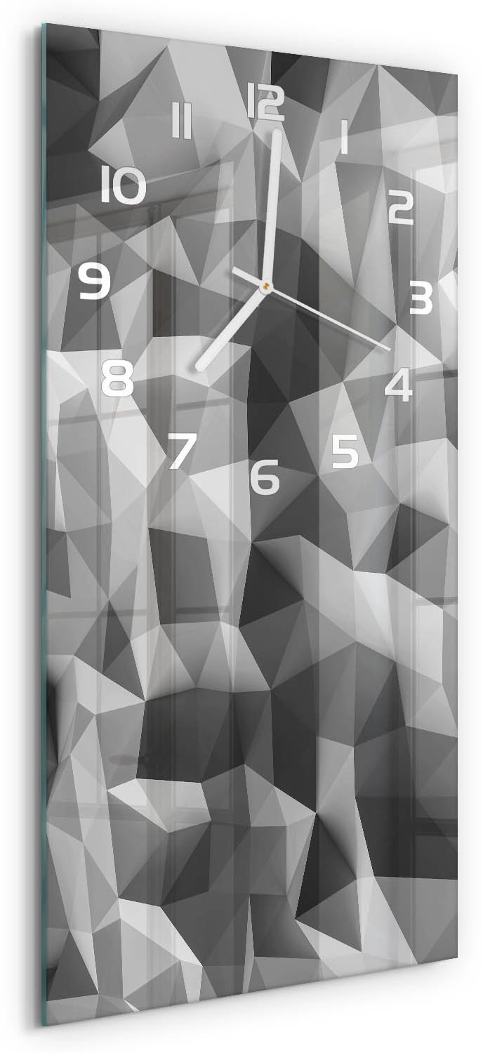 Tulup Wandklok - Driehoeken van abstractie Glazen Klok Met Print - 30x60 cm - Grijs Wandklok Glas Met Motief - Witte handen - Rechthoekige Klok - Wandklok Glas Decoratie - Gekleurde Glazen Klok
