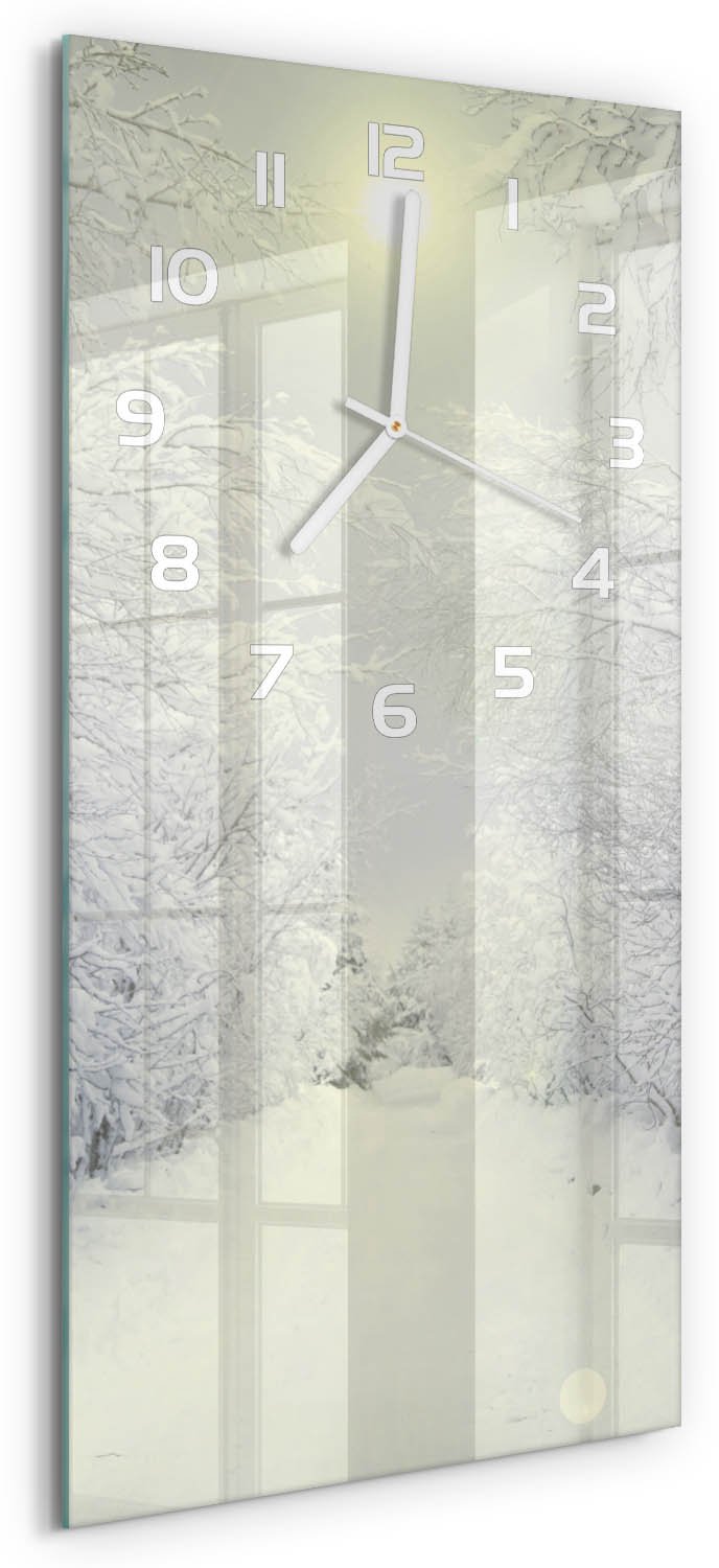 Tulup Wandklok - Winterbos Glazen Klok Met Print - 30x60 cm - Wit Wandklok Glas Met Motief - Witte handen - Rechthoekige Klok - Wandklok Glas Decoratie - Gekleurde Glazen Klok