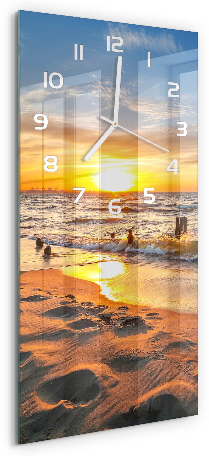 Tulup Wandklok - Zonsondergang Zee Glazen Klok Met Print - 30x60 cm - Geel Wandklok Glas Met Motief - Witte handen - Rechthoekige Klok - Wandklok Glas Decoratie - Gekleurde Glazen Klok