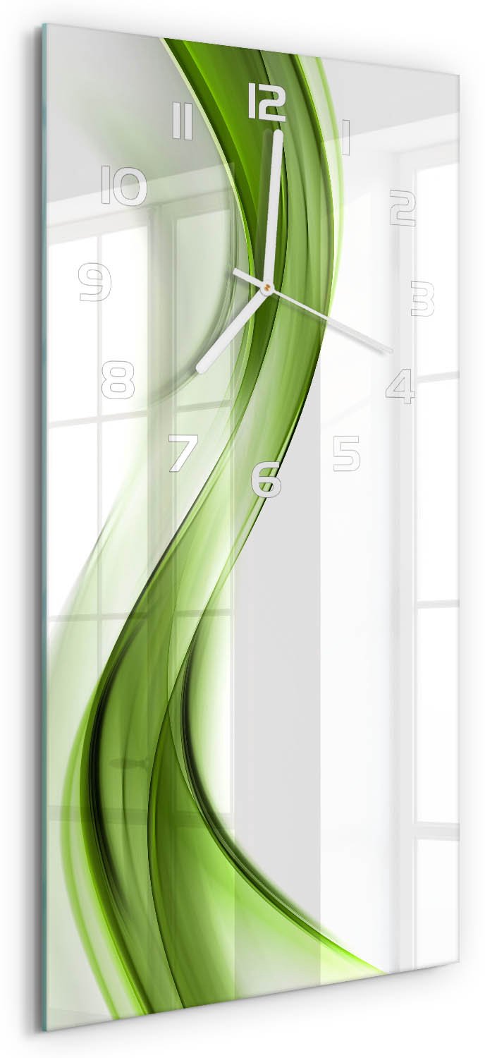 Tulup Wandklok - Groene golf Glazen Wandklok Design - 30x60 cm - Groente Klok Glas Met Opdruk - Witte handen - Rechthoekige Klok - Wandklok Glas Met Motief - Decoratieve Glazen Klok