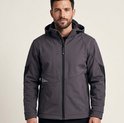 Grijze softshell jas met capuchon, ritssluiting, diverse naden en donkergrijze accenten op de mouwen en zijkanten.