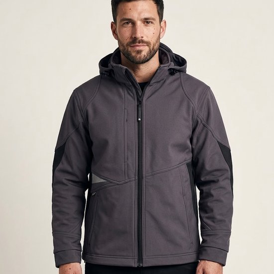 Grijze softshell jas met capuchon, ritssluiting, diverse naden en donkergrijze accenten op de mouwen en zijkanten.