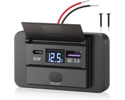 12V USB C Oplaadpoort voor Auto - Snellader 65W PD3.0 en 18W QC3.0, Waterdicht met Voltmeter en Schakelaar voor Auto, Boot en Motorhome