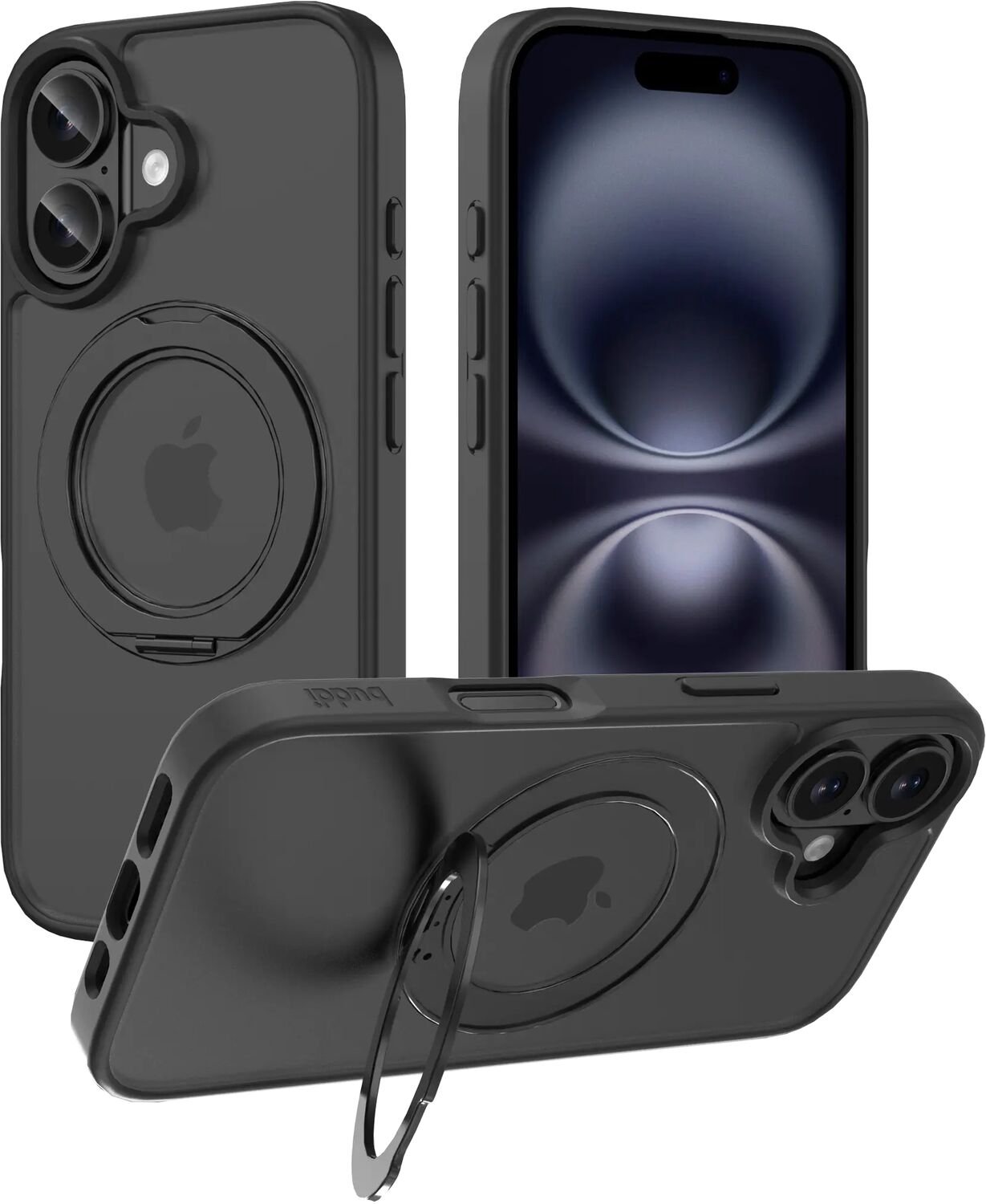 Buddi Frost Hoesje Geschikt voor Apple iPhone 16 - Mat Zwart - Met Ring Stand - MagSafe Back Cover - Matchende kleur - Met 360° Draaibare Standaard - Shockproof - Slank