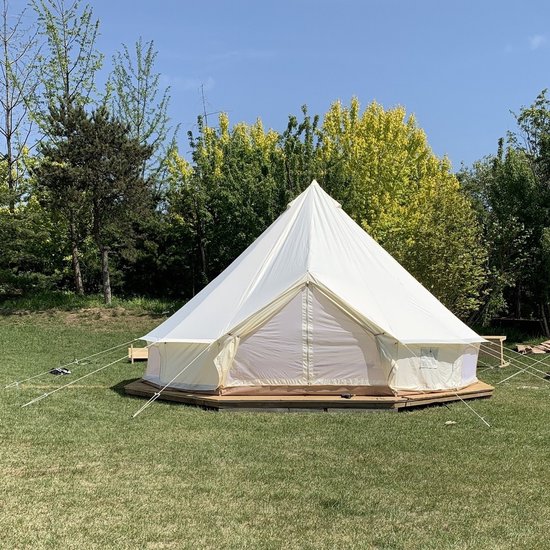 5m 900D Oxford Bell‑tent Luxe Glamping Tent Off‑wit met Schoorsteenopening — afbeelding 3