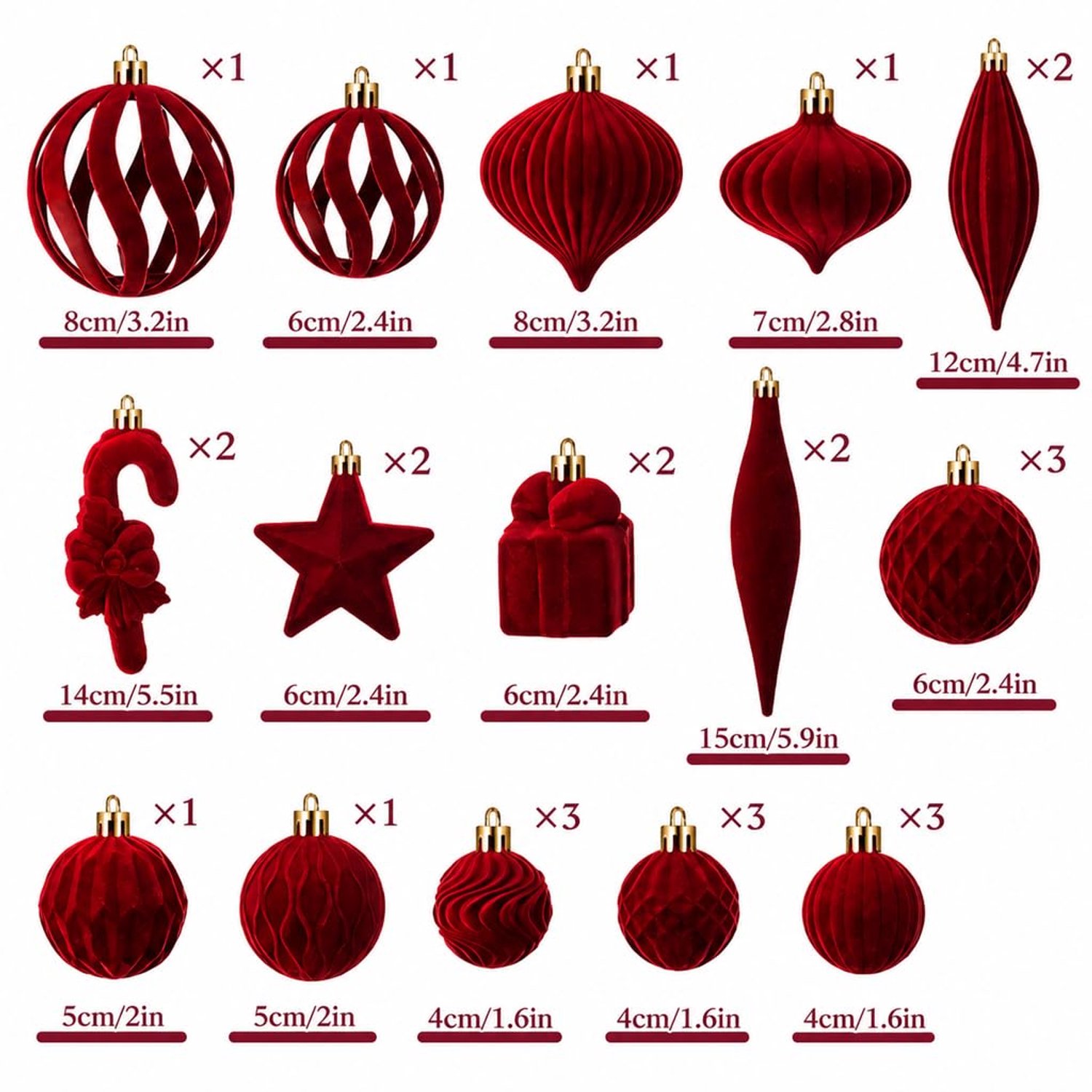 Kerstboomversiering - Kerstornamenten - Fluwelen Kerstballen - Kersthangers Set - Kerstboom Woonkamer - 28 Stuks 15 Vormen - Bordeauxrood – foto 7