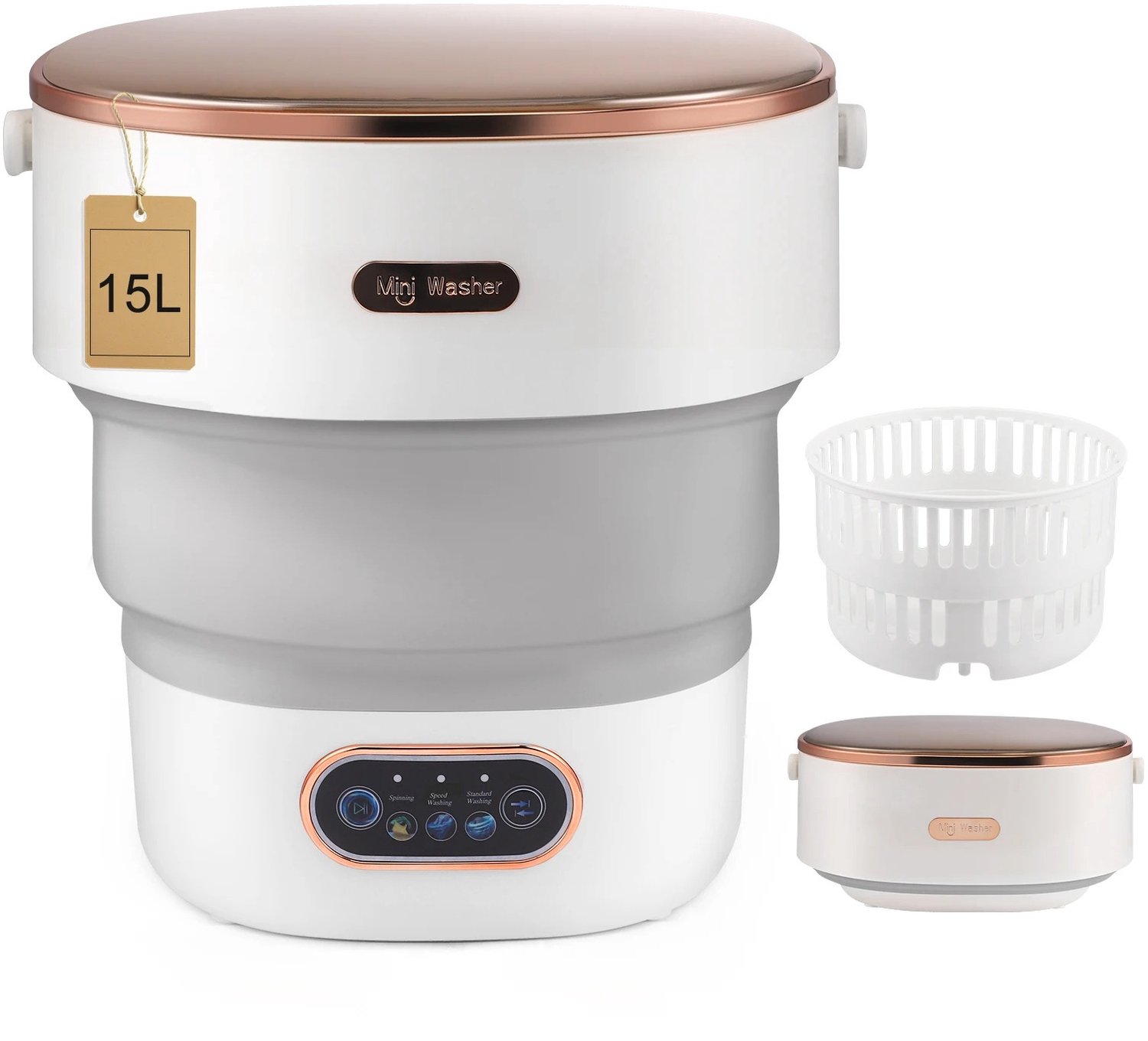 D&J Camping wasmachine - Opvouwbare wasmachine-emmer - 15L - Grijs - Met centrifuge - Reiswasmachine - Mini wasmachine