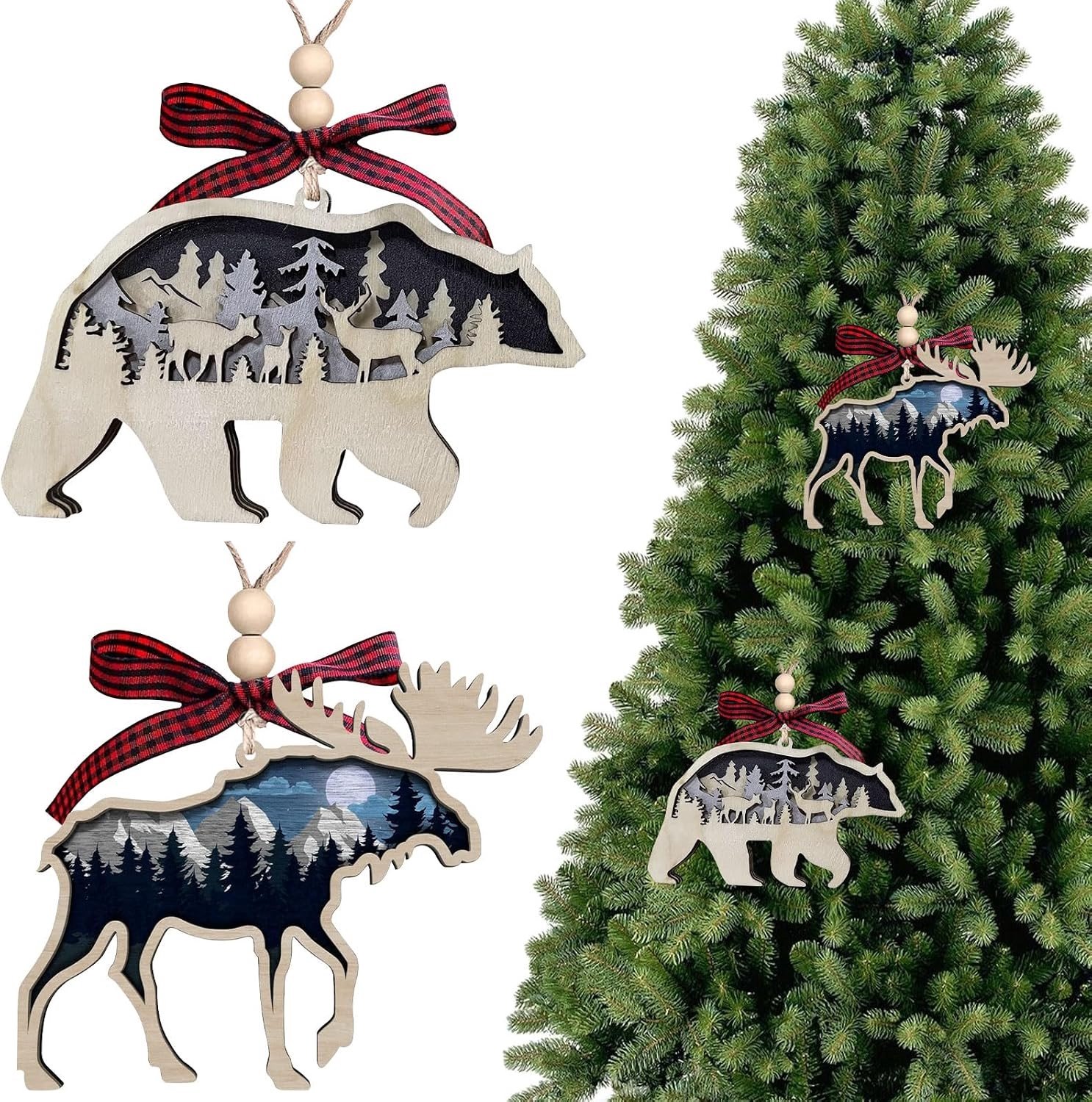 Houten 3D Bosdieren, Kerstboomdecoratie en Hanger, Unieke Kerstversiering voor Cadeaus en Feestdagen