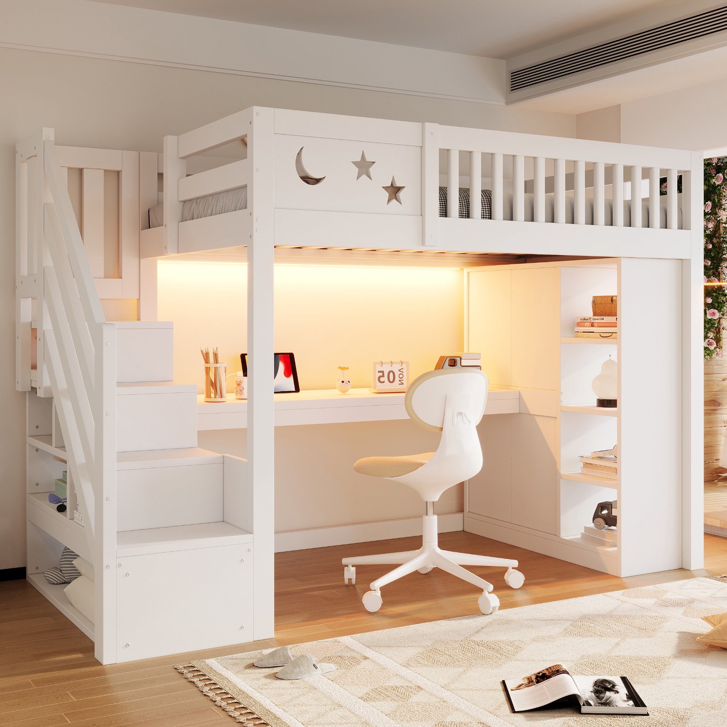 Sweiko Hoogslaper - 90 × 200 cm - Houten kinderbed - Met bureau - LED-verlichting - Stopcontact - Open planken - Kledingkast - Wit