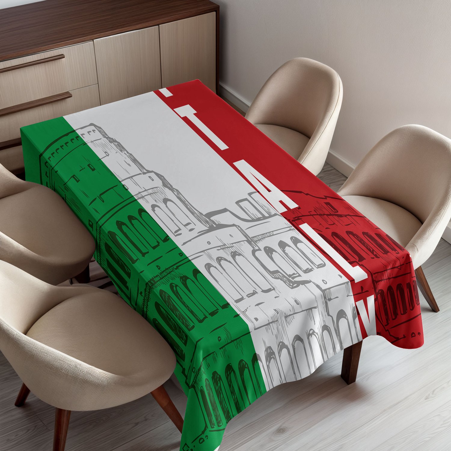 ABAKUHAUS Italiaanse Vlag Tafelkleed, Rome Bezienswaardigheid Colosseum Erfgoed Stadsbeeld Beschaving Afbeelding, Rechthoekig Tafelkleed voor Eetkamer Keukendecoratie, 150 x 220 cm, Groen Grijs
