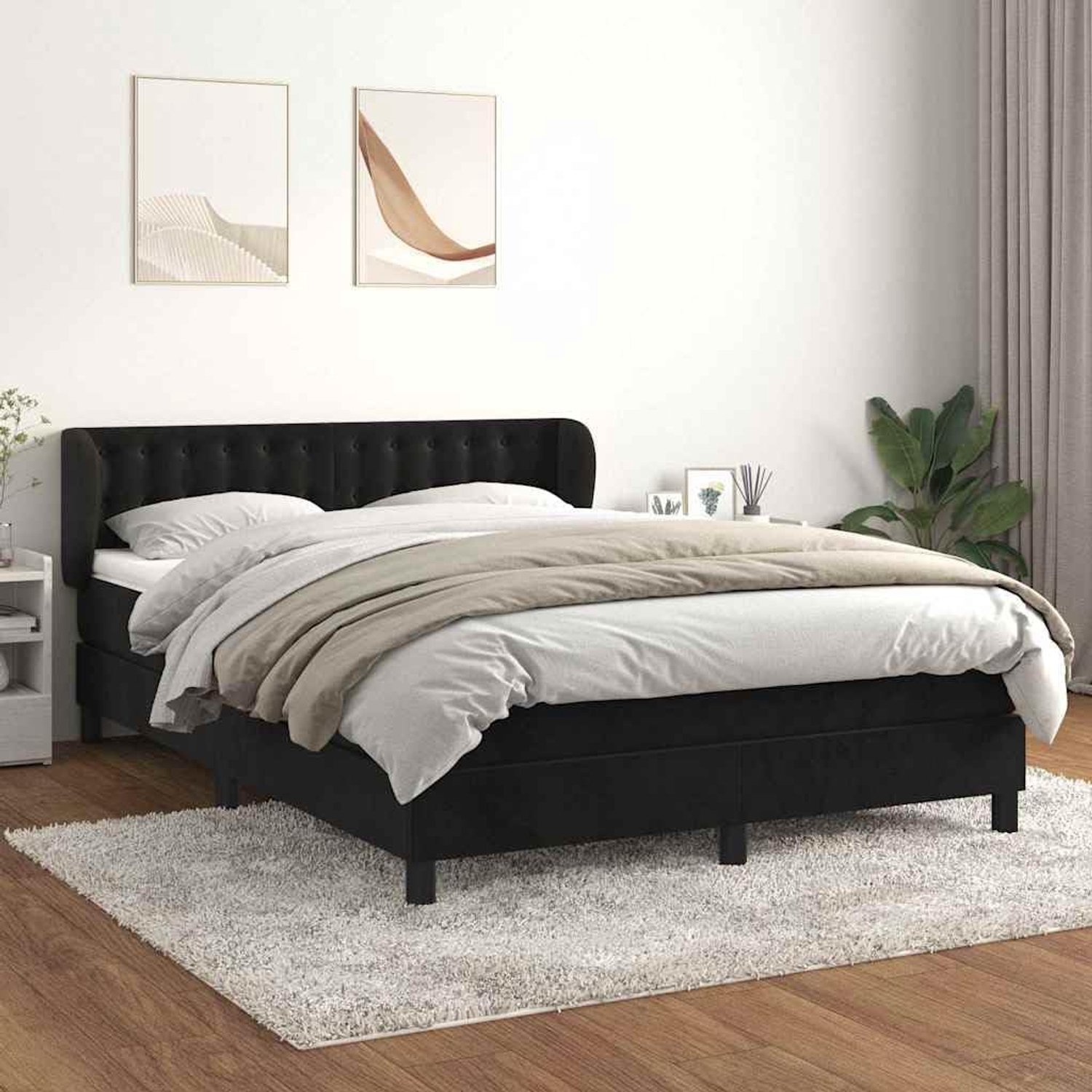 Boxspring met matras fluweel zwart 140x190 cm verstelbaar hoofdbord pocketvering matras medium harde ondersteuning huidvriendelijk zachte stoffen hoes slaapkamer bed