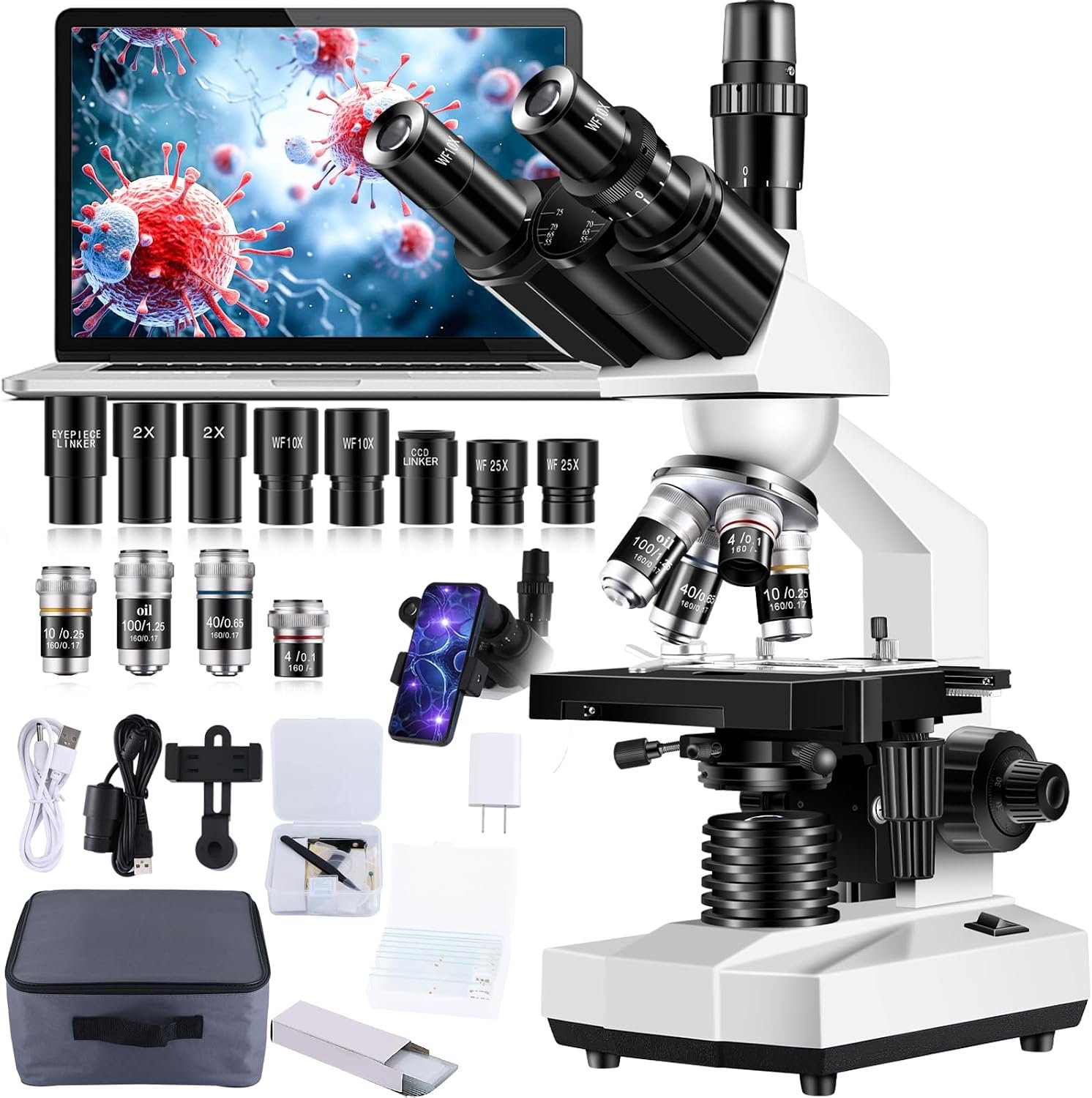 Microscoop 40X-5000X Vergroting Laboratorium Grade met Dual Mechanisch Stadium en HD USB Camera Microscoop voor Volwassenen