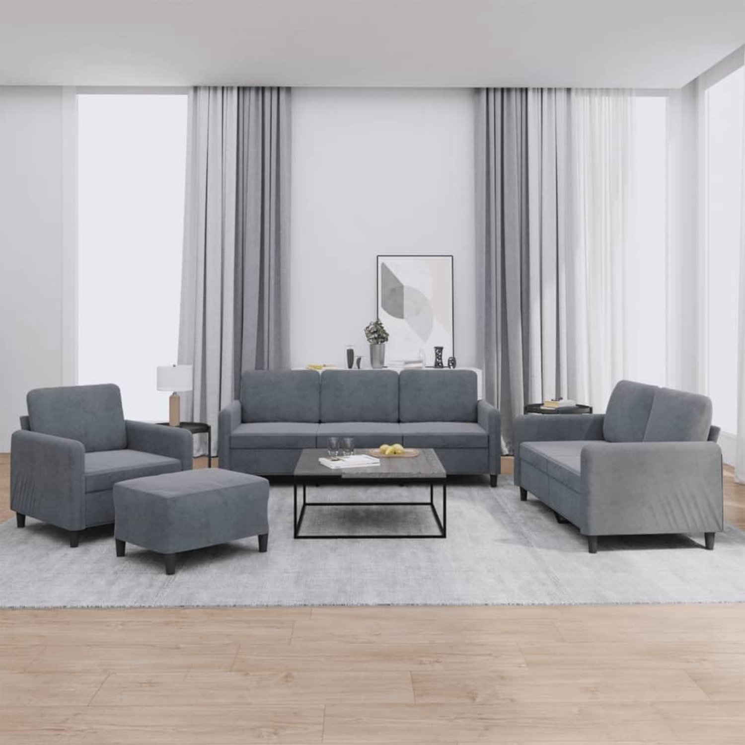 4-delige bankstel donkergrijs fluwelen sofa met robuust frame en comfortabele bekleding voor woonkamer