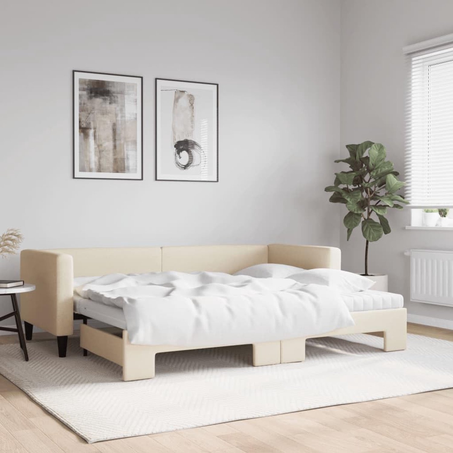 Multifunctionele slaapbank met onderschuifbed crème 80x200 cm