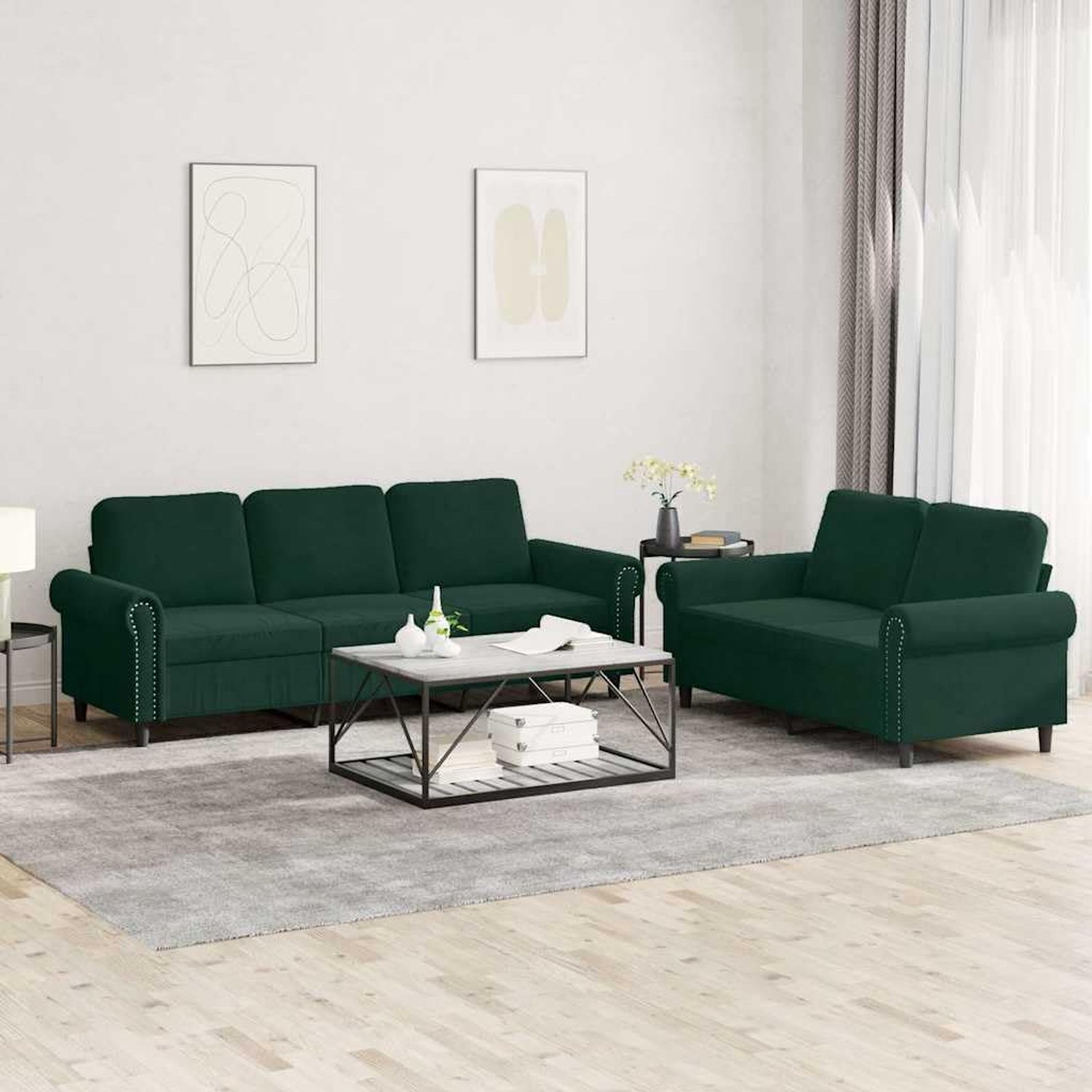 2-delig. Bankset met kussen in donkergroen fluweel, zacht velours sofa set met robuust frame voor woonkamer, comfortabele bekleding en stabiele metalen fundering, elegant