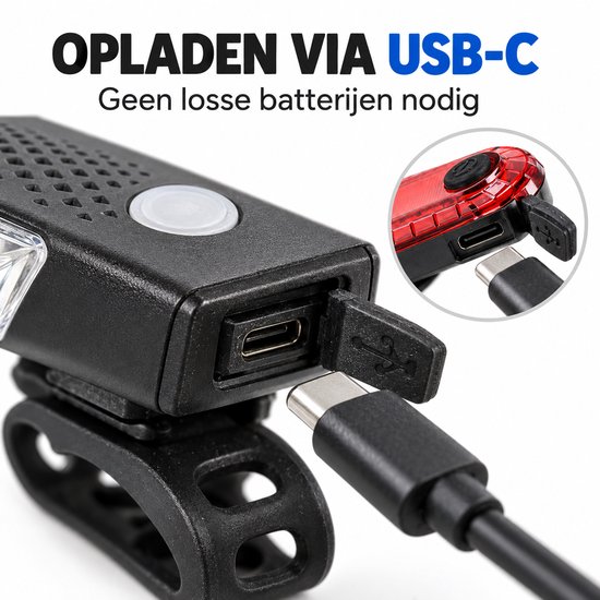 Dutch Standard Fietslampenset - Voorlicht 300 Lumen en Achterlicht - USB-C Oplaadbaar - Zwart — afbeelding 3