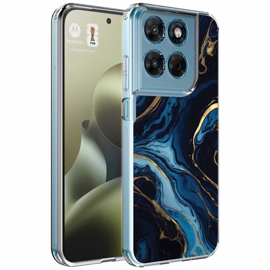 Motorola-telefoon in transparante hoes met blauw-gouden marmerprint, voor- en achterkant zichtbaar.