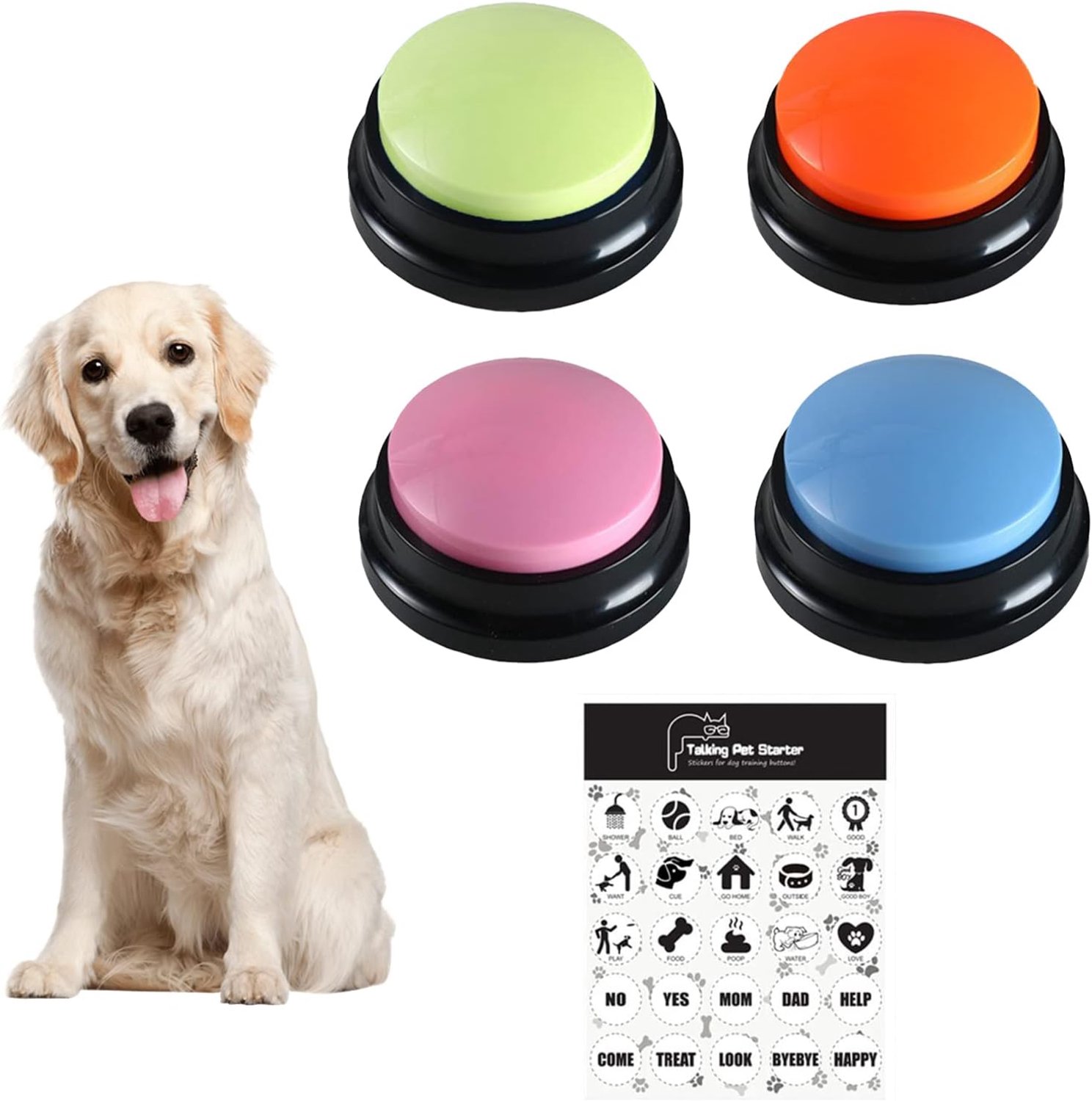 Hond communicatie knop 4 stuks - opnamemogelijkheid - met 25 stickers - vergemakkelijkt training - ShopVlot