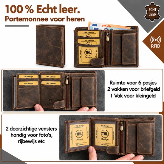 Collage van bruine leren herenportemonnees met tekst die '100% echt leer' en 'RFID bescherming' aangeeft.