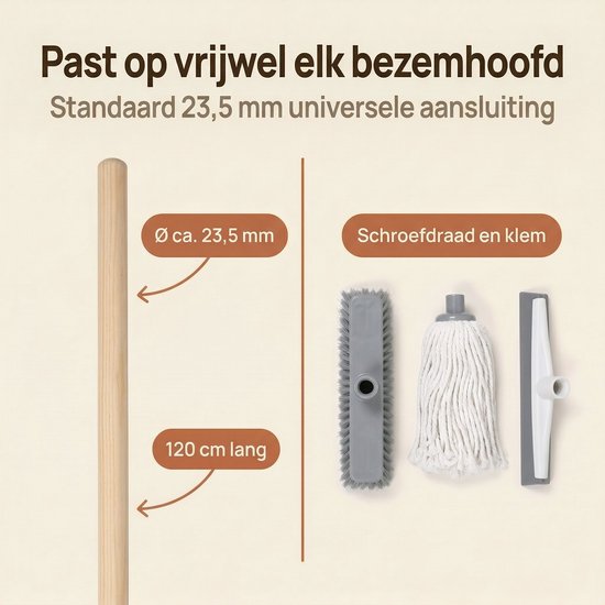 Cheqo® Houten Bezemsteel - Borstelsteel Ongelakt - Universele Steel voor Bezem en Borstel - Mopsteel - Dweilsteel - Vloerwissersteel - Bezemstelen Hout - Schoonmaaksteel met Schroefdraad en Klem - Steel voor Luiwagen - Onbehandeld van Cheqo — afbeelding 2
