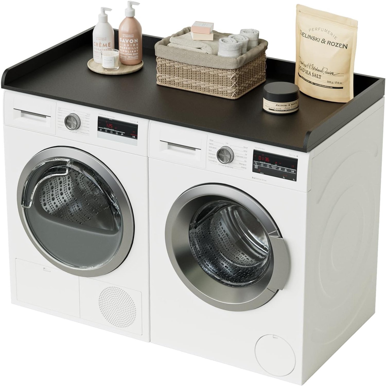 Organisatie en Opslag voor de Utility Room, Houten Werkblad voor Wasmachine en Droger, Zwart, Ideaal voor de Wasruimte en Huishoudelijke Taken