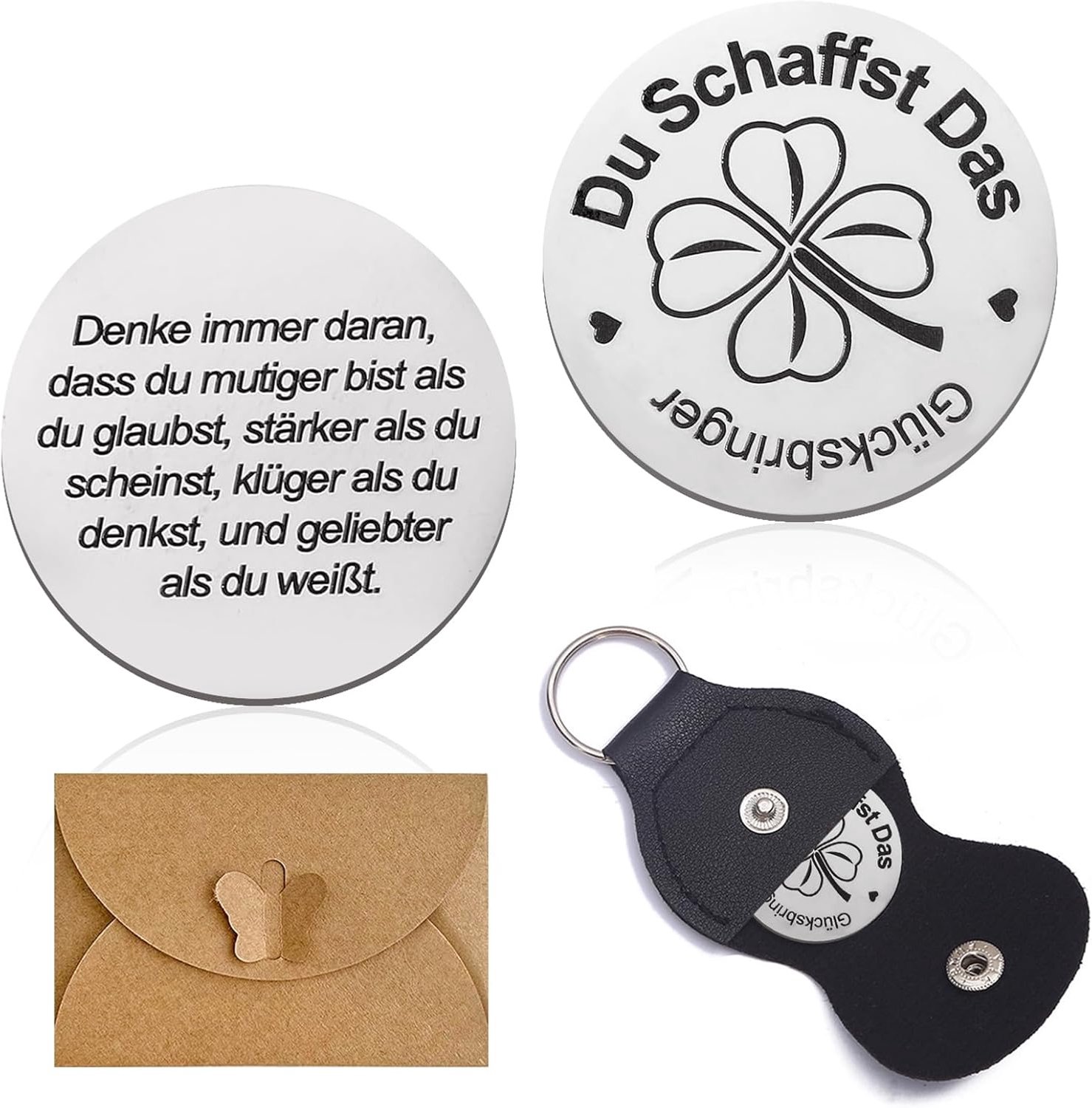 Cadeauset met envelop, geluksbrenger sleutelhanger, goede verbeteringsgeschenken, geluksbrenger, aanmoedigingscadeau, gelukkige sleutelhanger, cadeau voor patiënt (zilverkleurig)
