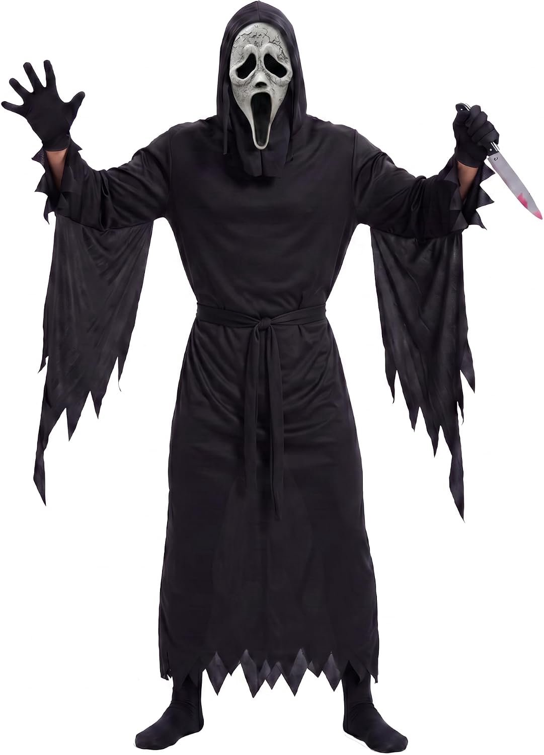 Kostuum met speelgoedmes en latexmasker voor Halloween, karneval, feest, cosplay, accessoire voor volwassenen, XLarge