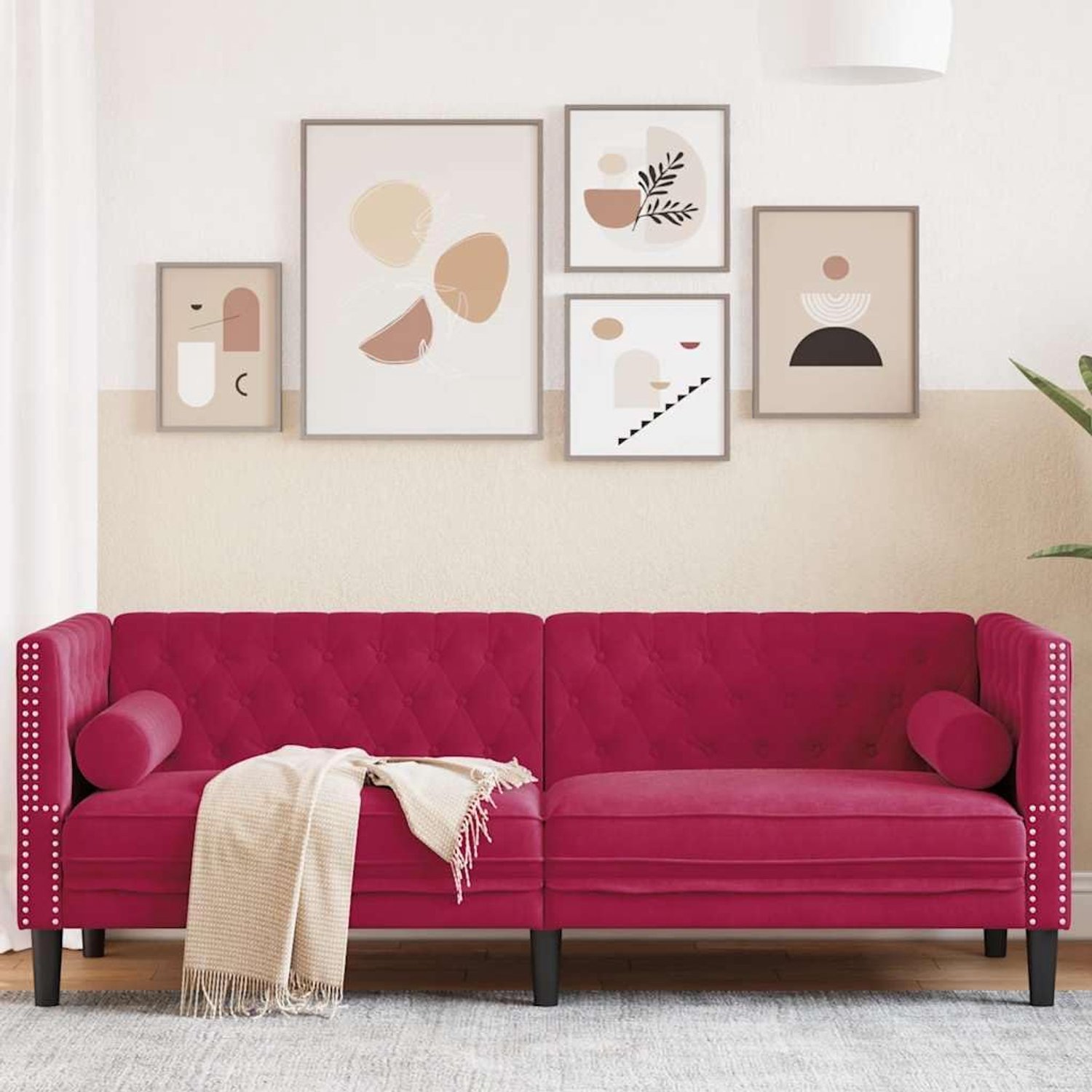 Chesterfield-bank met nekrollen, 3-zits, wijnrood, fluwelen bekleding, bank voor woonkamer met klassieke knoopstiksels