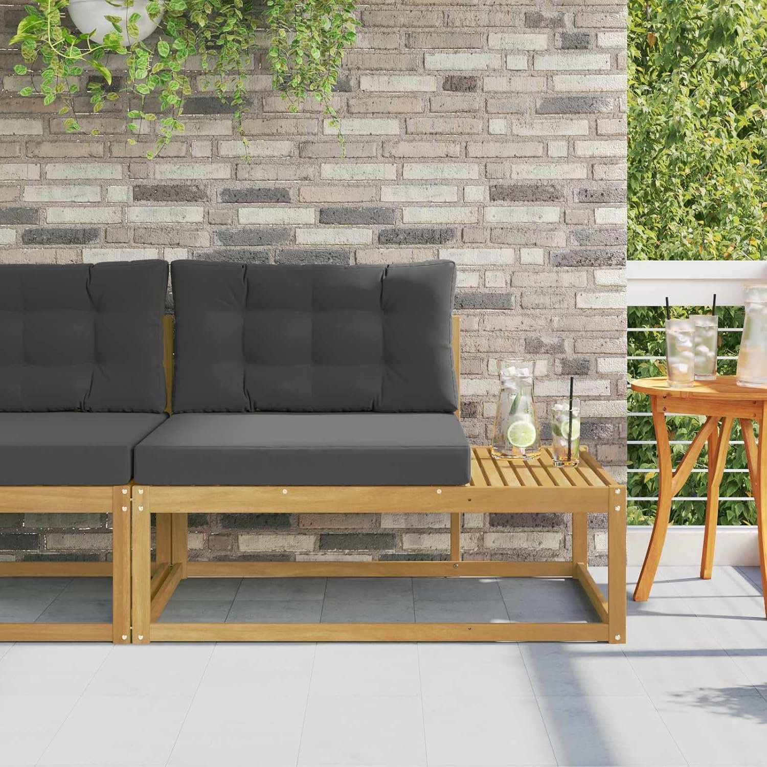 Eindbank van massief acaciahout met lattendesign, 115 x 83 x 73 cm, inclusief polyester zitkussen voor terrassen en tuinen