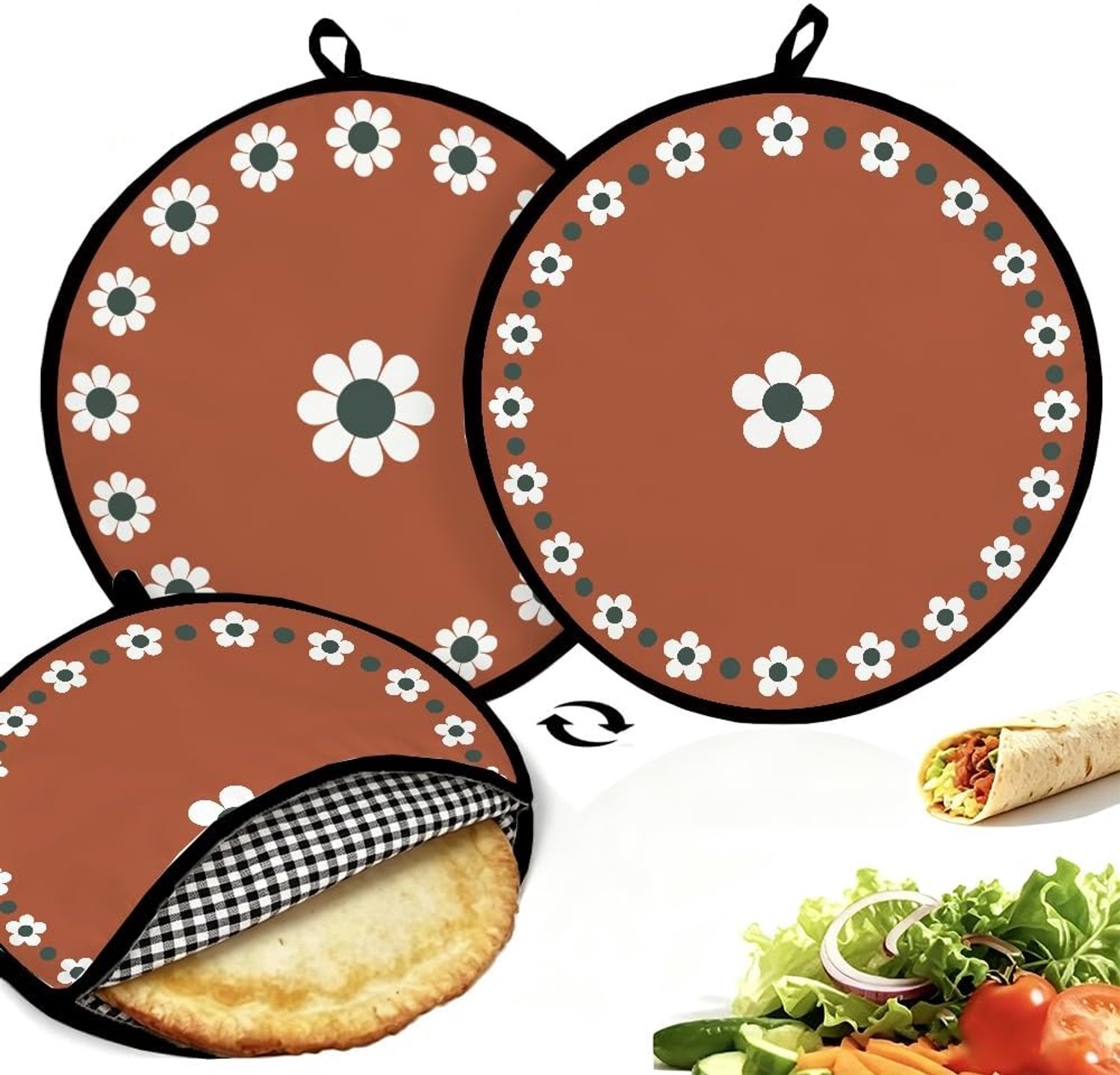 Tortilla-warmer voor tortilla's, 30,5 cm, bruin en bloemen, draagbaar, polyester, geïsoleerd, voor magnetron, houdt maïstortilla's warm