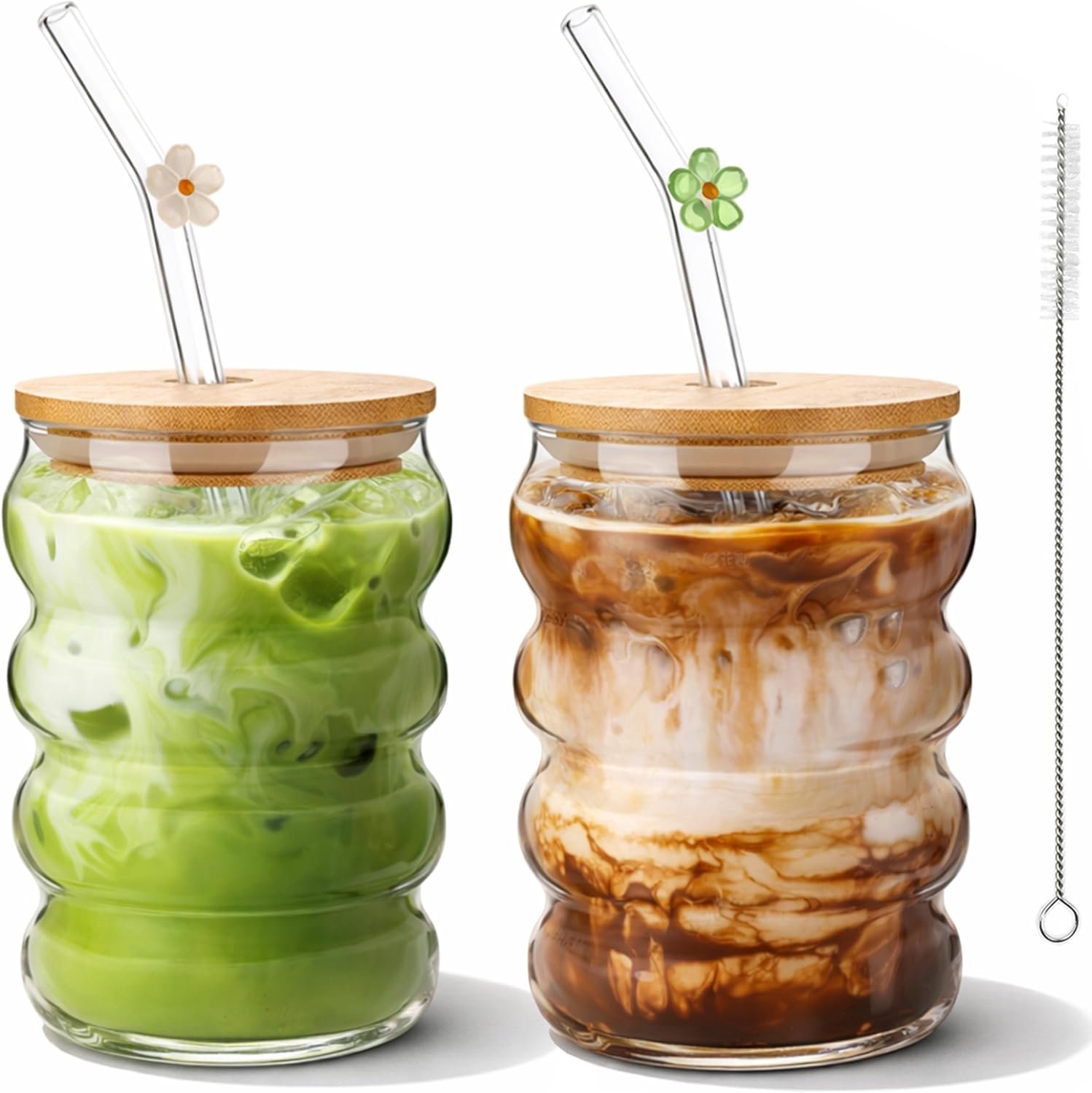 2 Pack 480 ml ijskoffie glazen bekers met deksels en rietjes - Herbruikbare Matcha glazen bekers voor smoothies, sap, bier en koude dranken