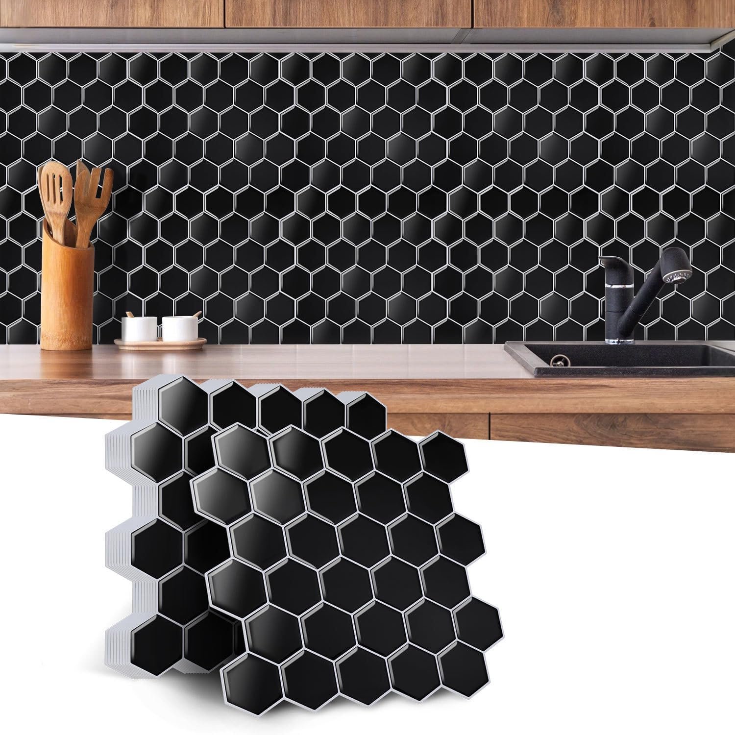 Tegels, waterdicht en hittebestendig, tegelstickers voor keuken en badkamer, eenvoudig te reinigen, set van 10, zeshoekig design, zwart
