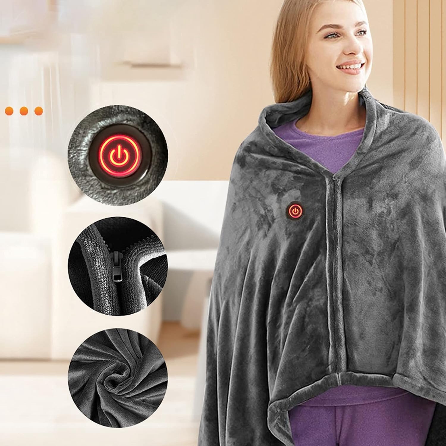 Verwarmde Hoodie Deken - Fleece Deken Hoodie 150x80cm - Blanket Hoodie met 3 Standen - Warmtedeken 1 Persoons - Warmte Poncho - Hitte Deken – foto 3