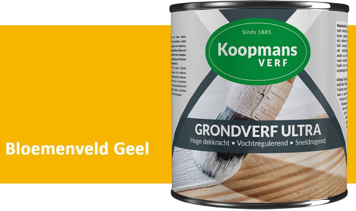 Koopmans Grondverf Ultra – Grondverf Hout & Metaal Binnen en Buiten – Vochtregulerende Primer – Hoge Dekking – Zijdeglans – Bloemenveld Geel – 375 ml