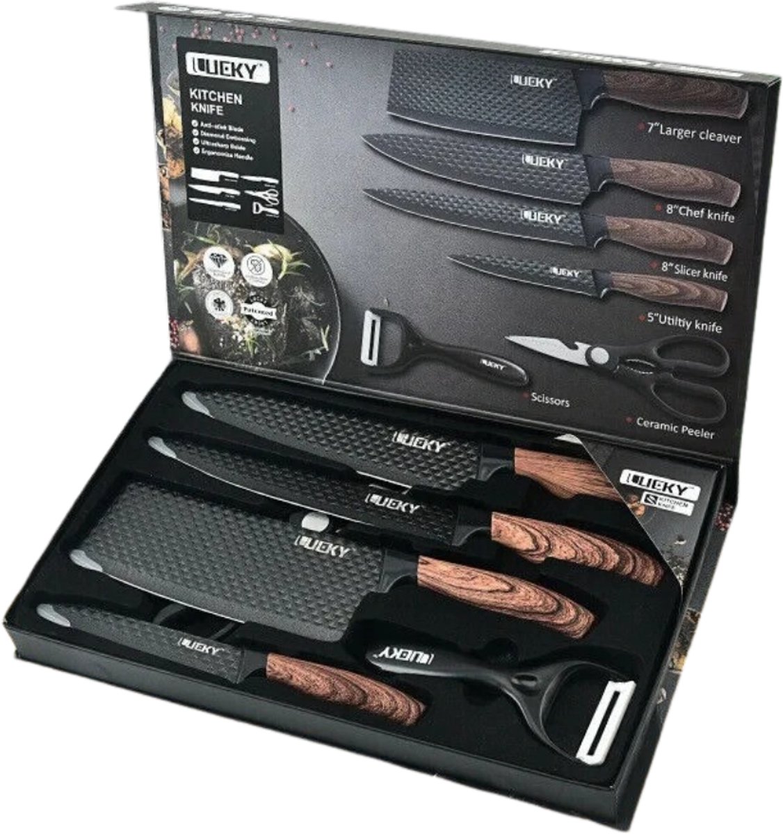 G&G professionele messenset - 6 delige - Messensets - Koksmessen set - Keukenmessen - RVS - Ergonomisch - Anti aanbak - Zwart