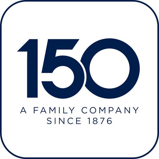 Logo met de tekst '150 A Family Company Since 1876' in donkerblauw op een witte achtergrond.
