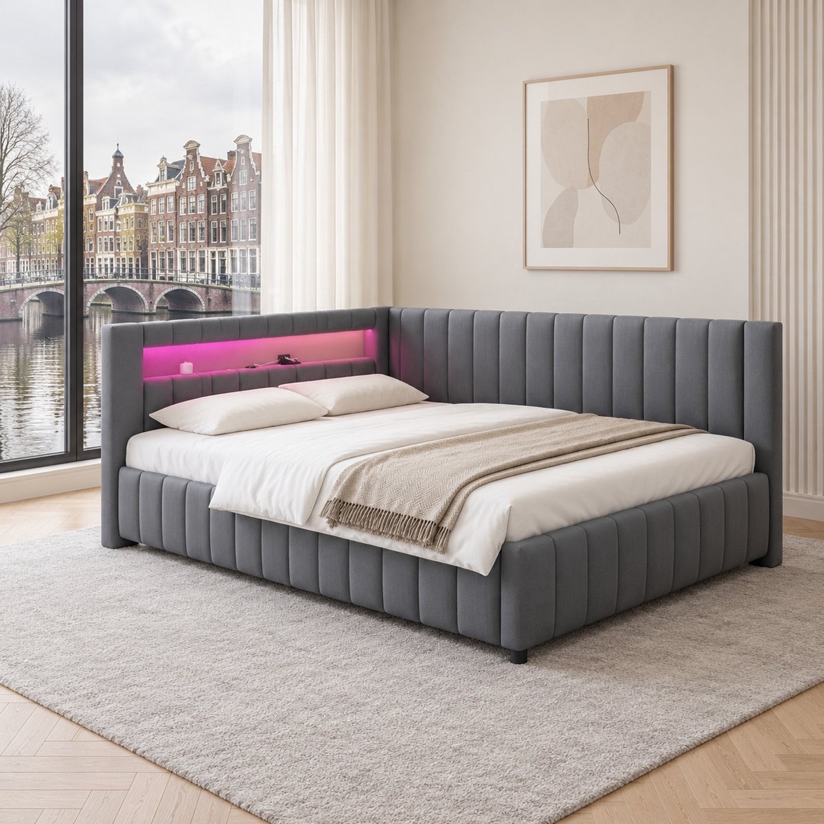 WUVRIE Slaapbank 140x200 cm met fluweelstof, L-vormige rugleuning, LED-verlichting en USB-aansluiting, grijs