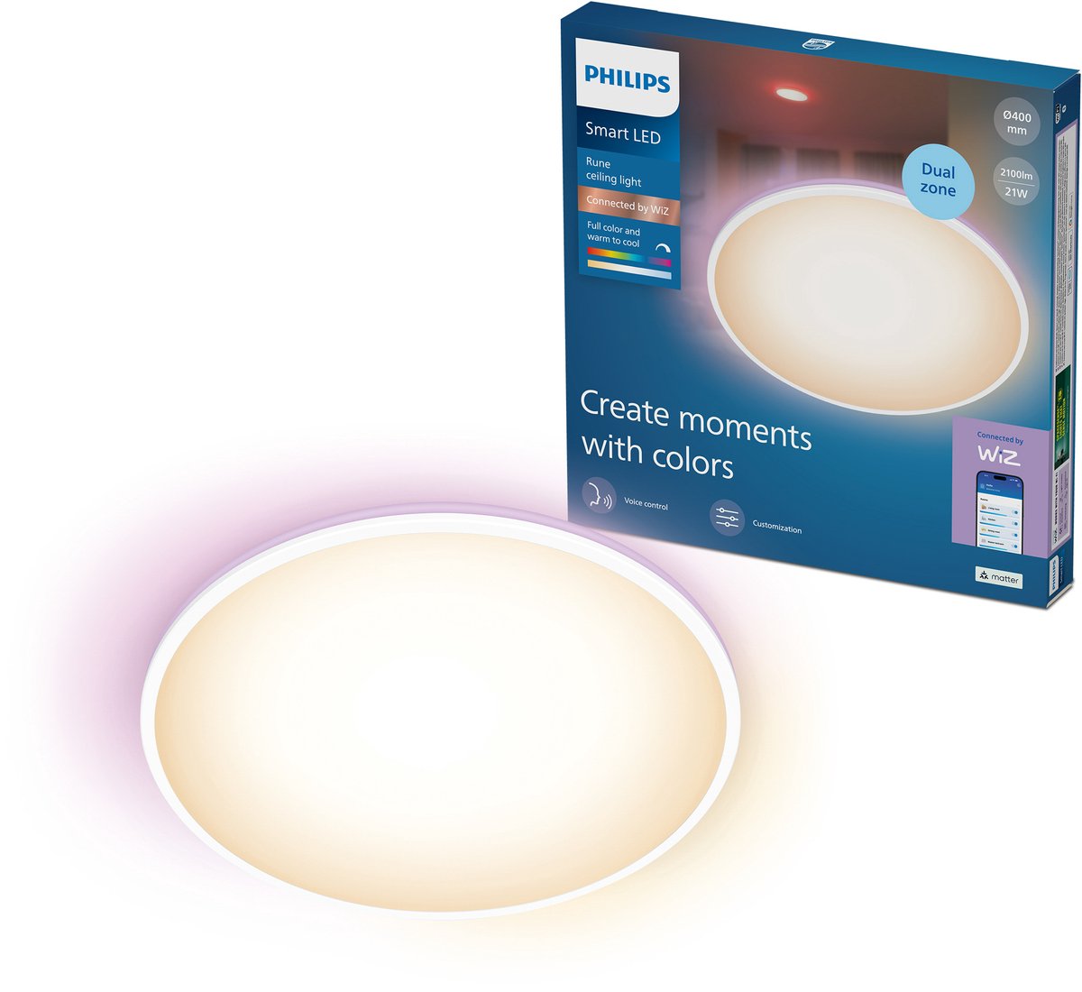 Philips Smart Lighting - rune plafondlamp - 2 lichtzones - rgb - gekleurd en instelbaar wit licht - dimbaar - wit - 21w - rond - werkt met de wiz app - wifi