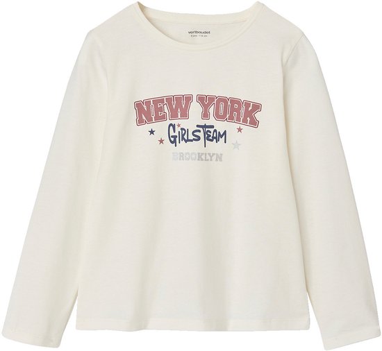 Crème longsleeve T-shirt voor meisjes met 'NEW YORK GIRLS TEAM BROOKLYN' opdruk.