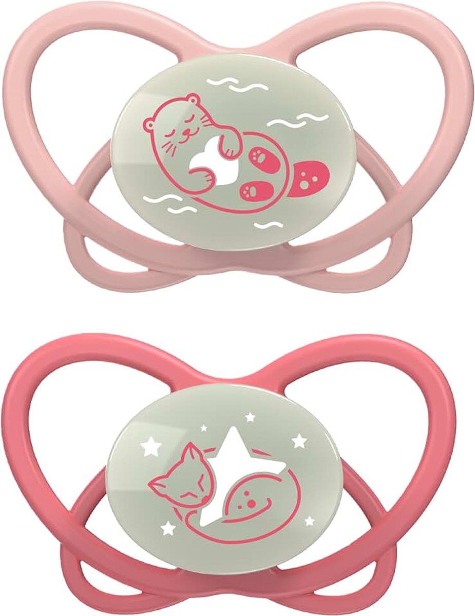 Nip - Butterfly Night | 5-18 maanden | 2-pack | Stijlvriendelijke, tandvriendelijke babyfopspeen met lichtknop incl. fopspeenbox. Duurzame fopspeen met zachte siliconen zuiger, roze/rood