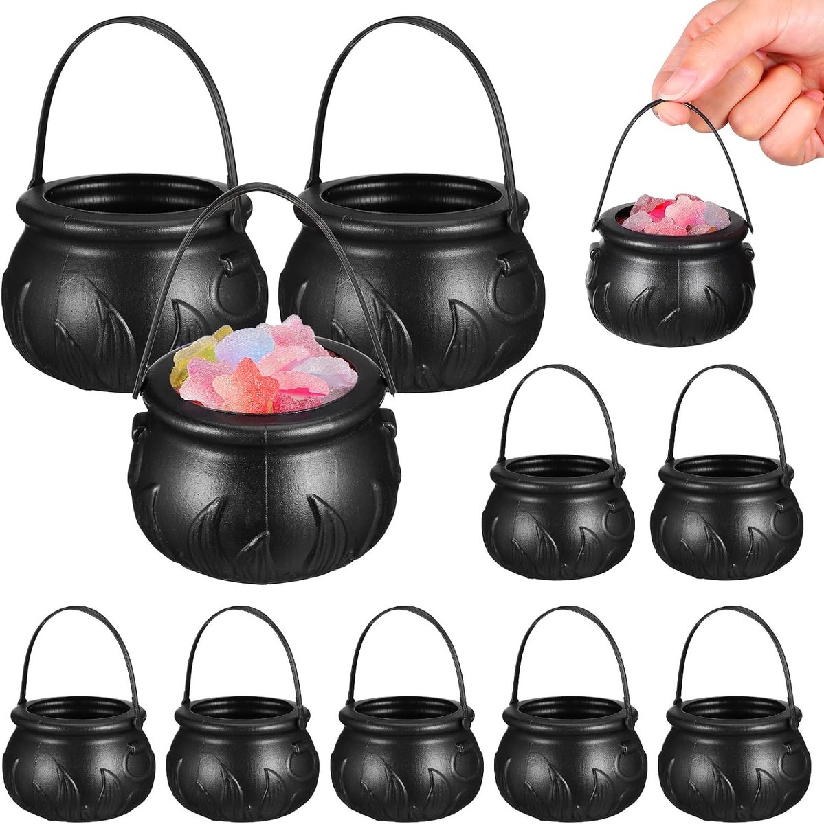 Snoepemmers - 12 Stuks Mini Plastic Snoepemmers met Handvat - Vlammenpatroon - Halloween Decoratie en Verjaardagsfeest Cadeautjes - Draagbaar en Stevig - Zwarte Kleur - 12 Stuks
