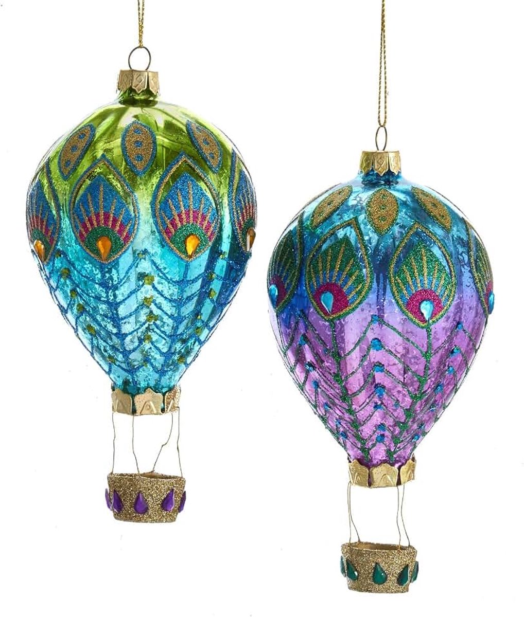 S. Adler Pauw Thema Paars Blauw Teal Groene Ornamenten (Set van 2 Pauw 6 inch Hot Air Ballon Kerst Vakantie Ornamenten Glas J8530)