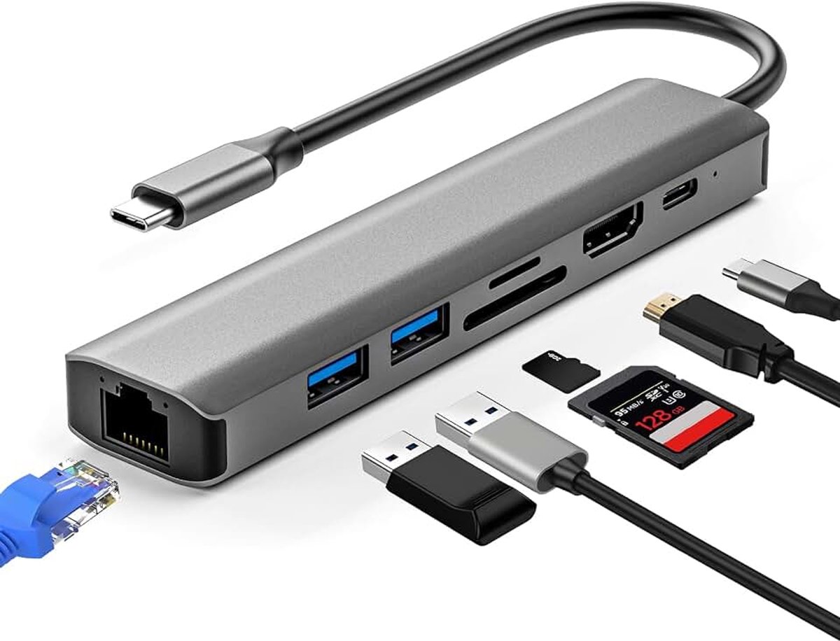 Multiport ethernet adapter met 4K 30HZ, PD 100W, LAN RJ45, USB 3.0 5 Gbps, USB 2.0 poort, SD TF kaartlezer, type C docking station voor MacBook Air iPad Pro, Samsung Surface