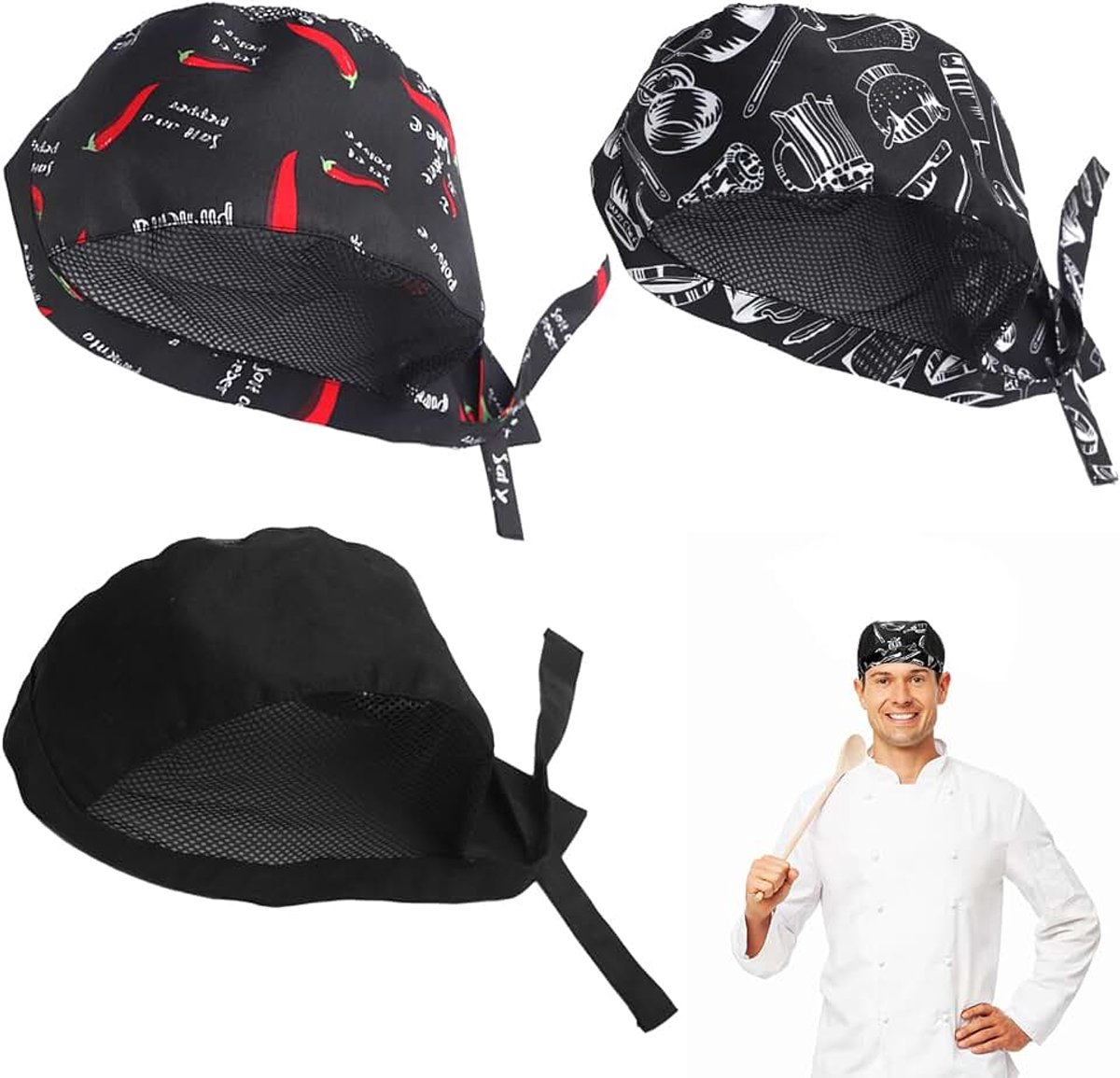 Koksmuts Dames Heren 3 Stuks Professionele Uniseks-Volwassene Bandana Verstelbare Elastische Keuken Chef Cap Cotton Cooking Hats Caps voor Keuken Thuis Restaurant Koken Party