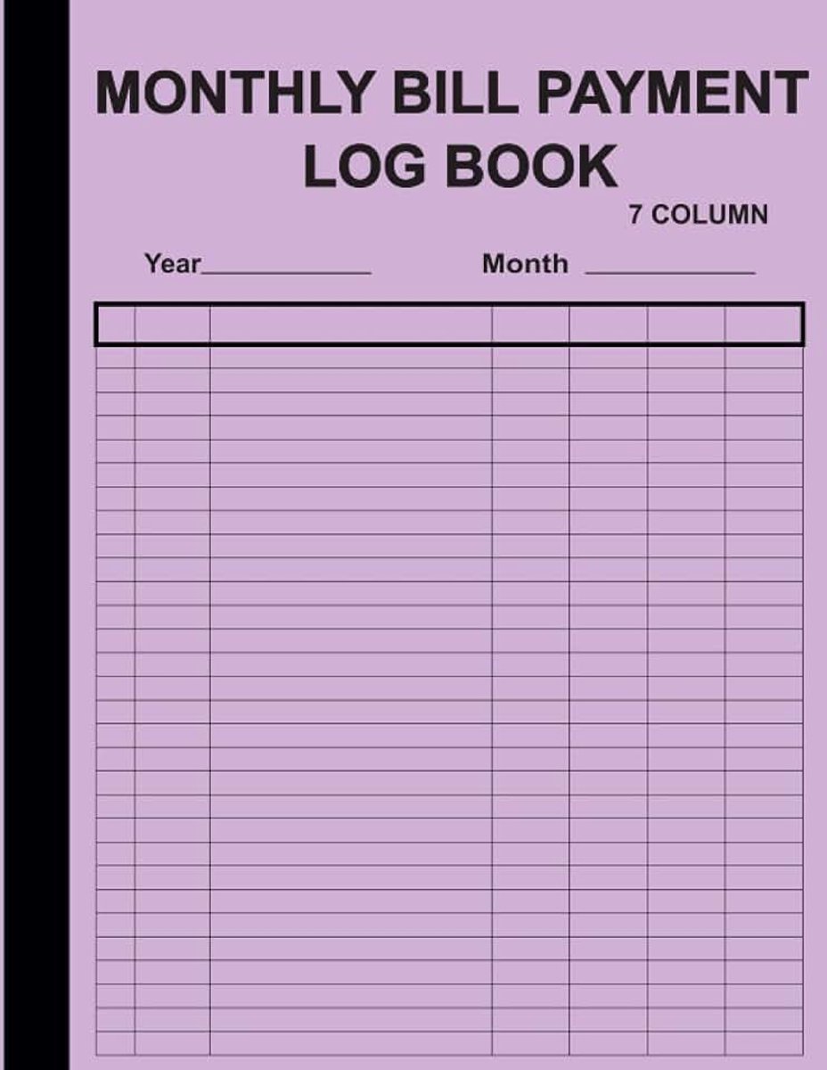 Bill Payment Log Book: Monthly bill planner and Organizer | Monthly Bill Payment Tracker and Ledger | 7 Column (Purple)
