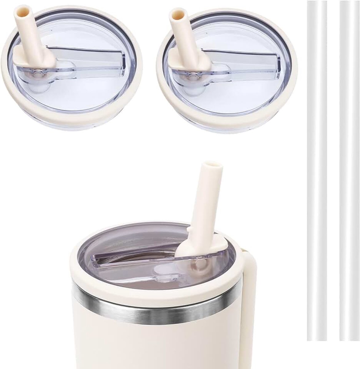 2 stuks lekvrije 40oz tumbler flip rietdeksel vervangingen,met 2 rietjes,lekvrij en stofdicht,herbruikbaar en gemakkelijk schoon te Maken,Tmbler Accessoires (Crème Wit)