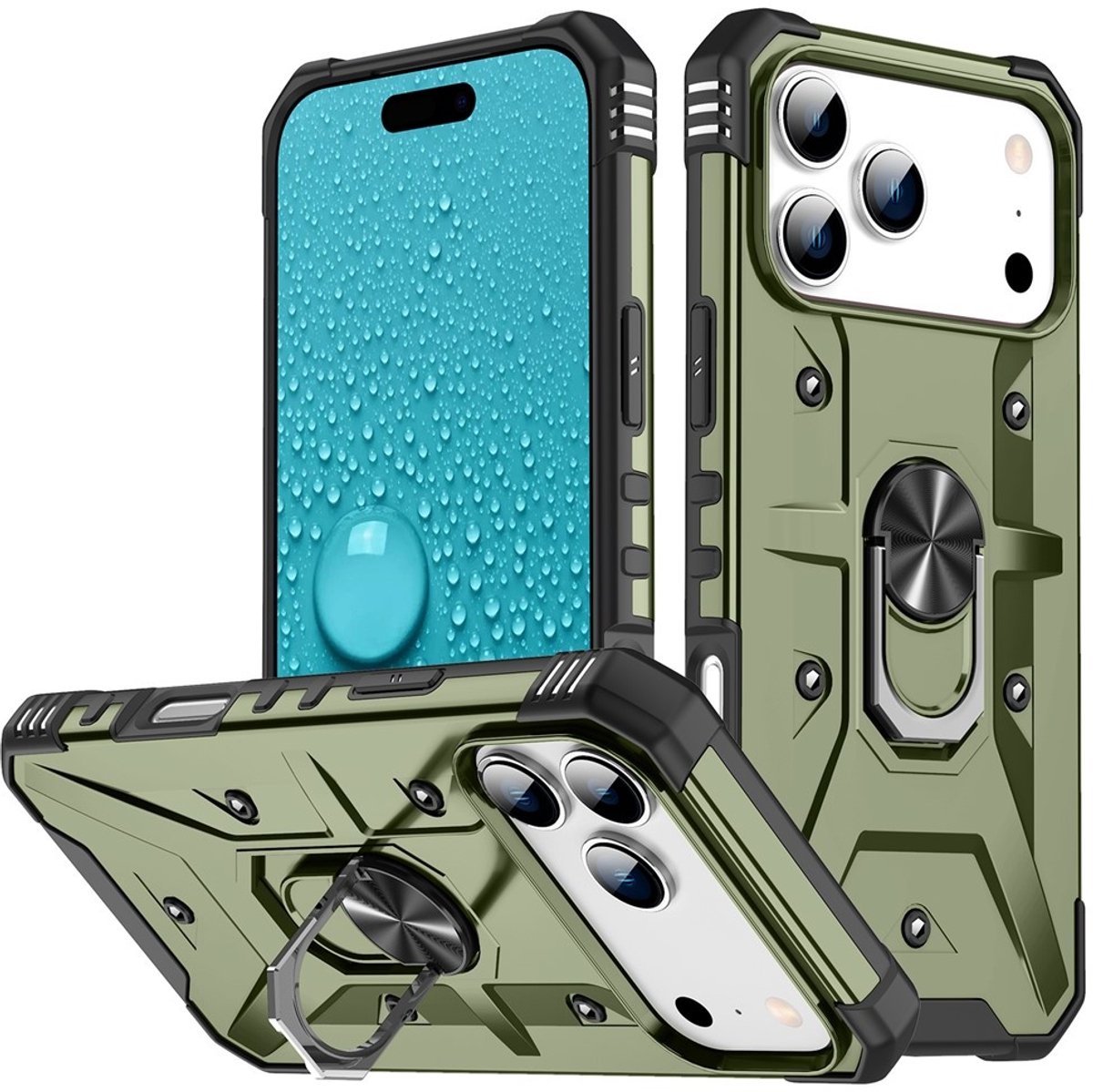 Coverup Hoesje - Geschikt voor iPhone 18 Pro Max / 17 Pro Max Hoesje - Coverup Heavy Duty Ring Kickstand Back Cover - Army Green