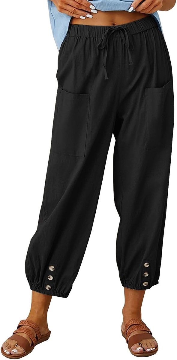 Dames 7/8 lengte broek dames zomer katoen linnen broek casual lichtgewicht wijde pijpen broek losse pasvorm bijgesneden broek met elastische taille en zakken baggy strand harem lounge broek
