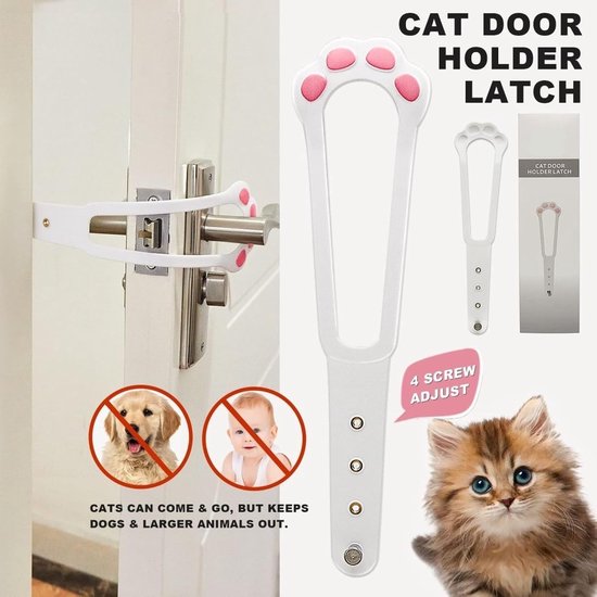 Een witte deurhouder met roze kattenpootjes, met tekst 'CAT DOOR HOLDER LATCH', en indicaties dat deze honden en baby's buiten houdt.